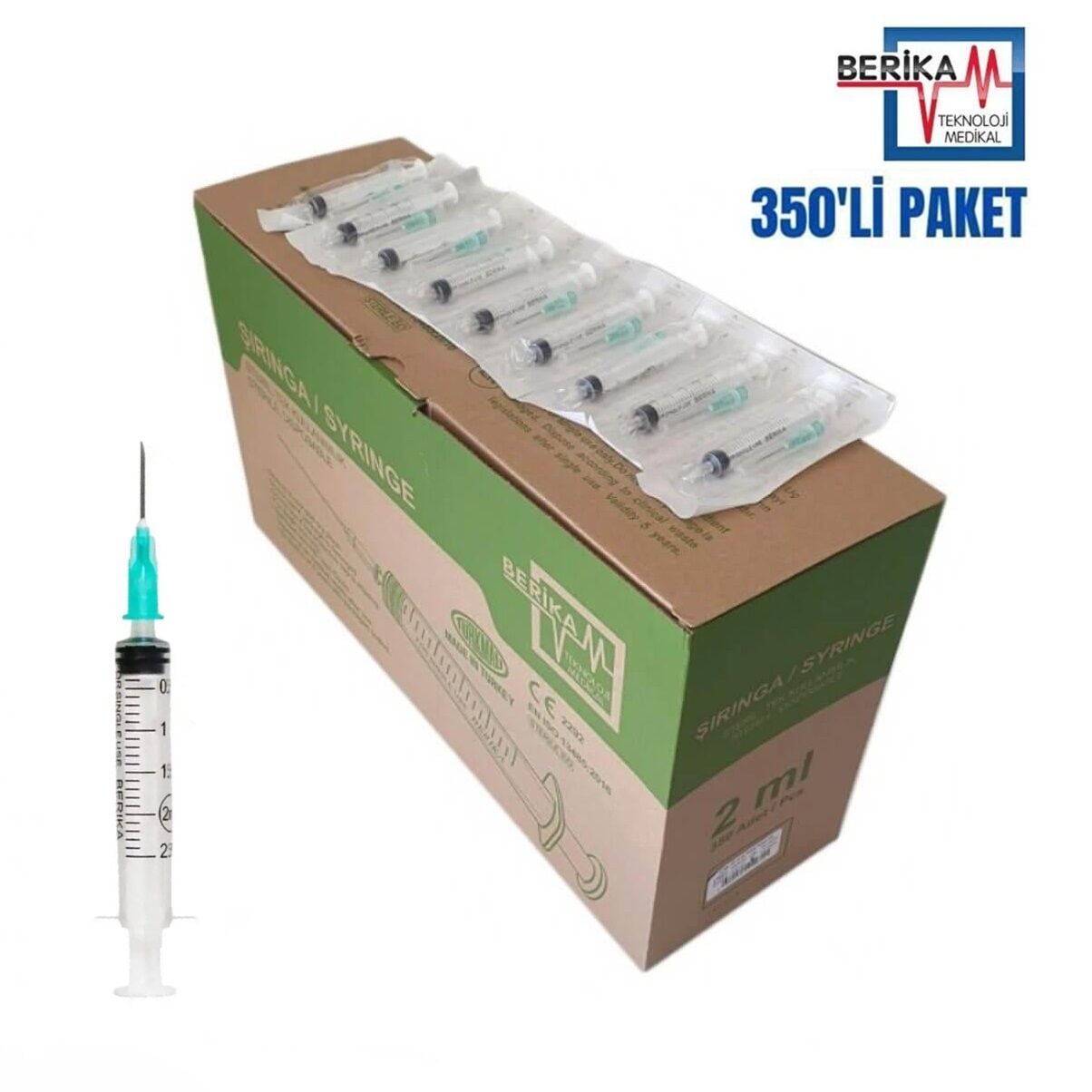 Berika Plastik Enjektör. 2 ml. Contalı. 21G Yeşil Kısa İğneli ( 350 Adet)