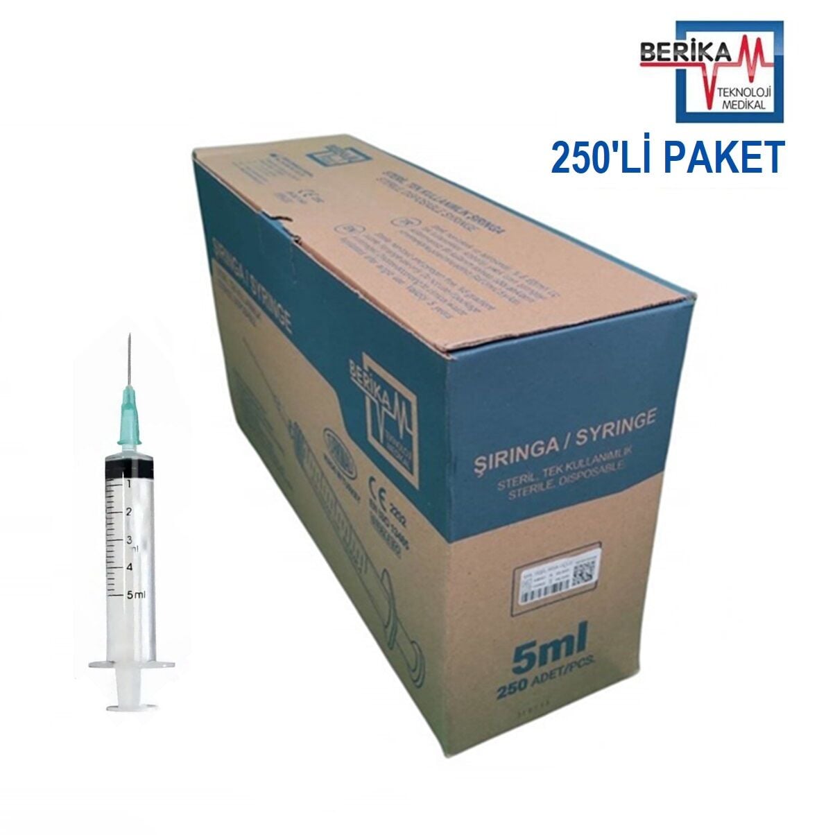 Berika Plastik Enjektör. 5 ml. Contalı. 21G Yeşil Kısa İğneli ( 250 Adet )